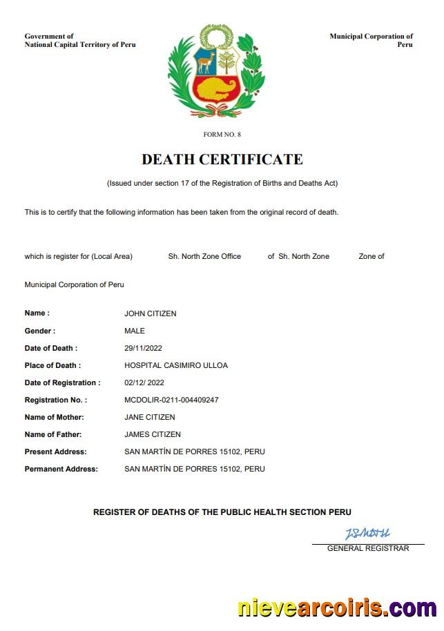 Peru vital record death certificate
